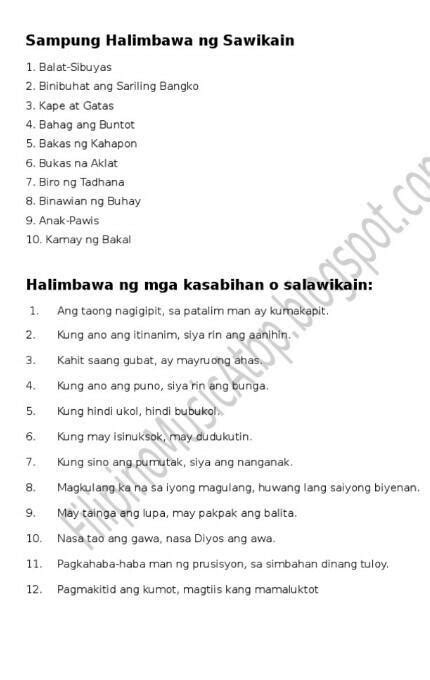 Mag bigay ng 10 halimbawa ng kawikaan .
